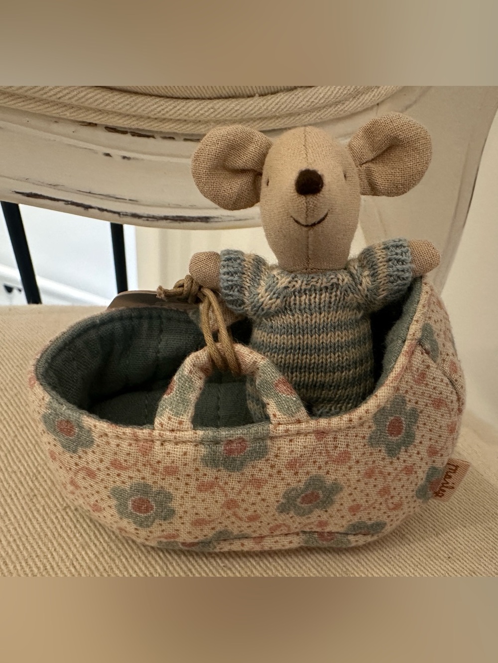 NWT Maileg Baby Mouse in Carry Cot Blue